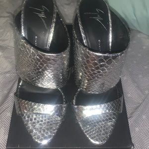 Silver metallic snake skin style heels